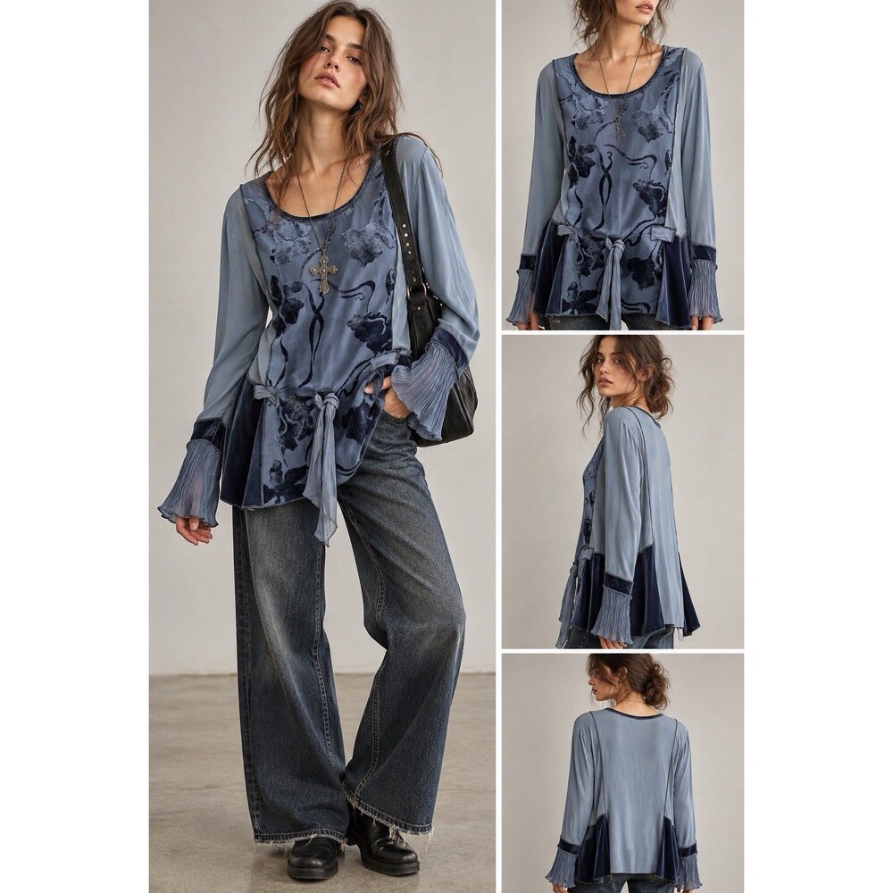 Spencer Alexis Blue Velvet Burnout Patchwork Tunic Womens Artsy Fairy Whimsigoth